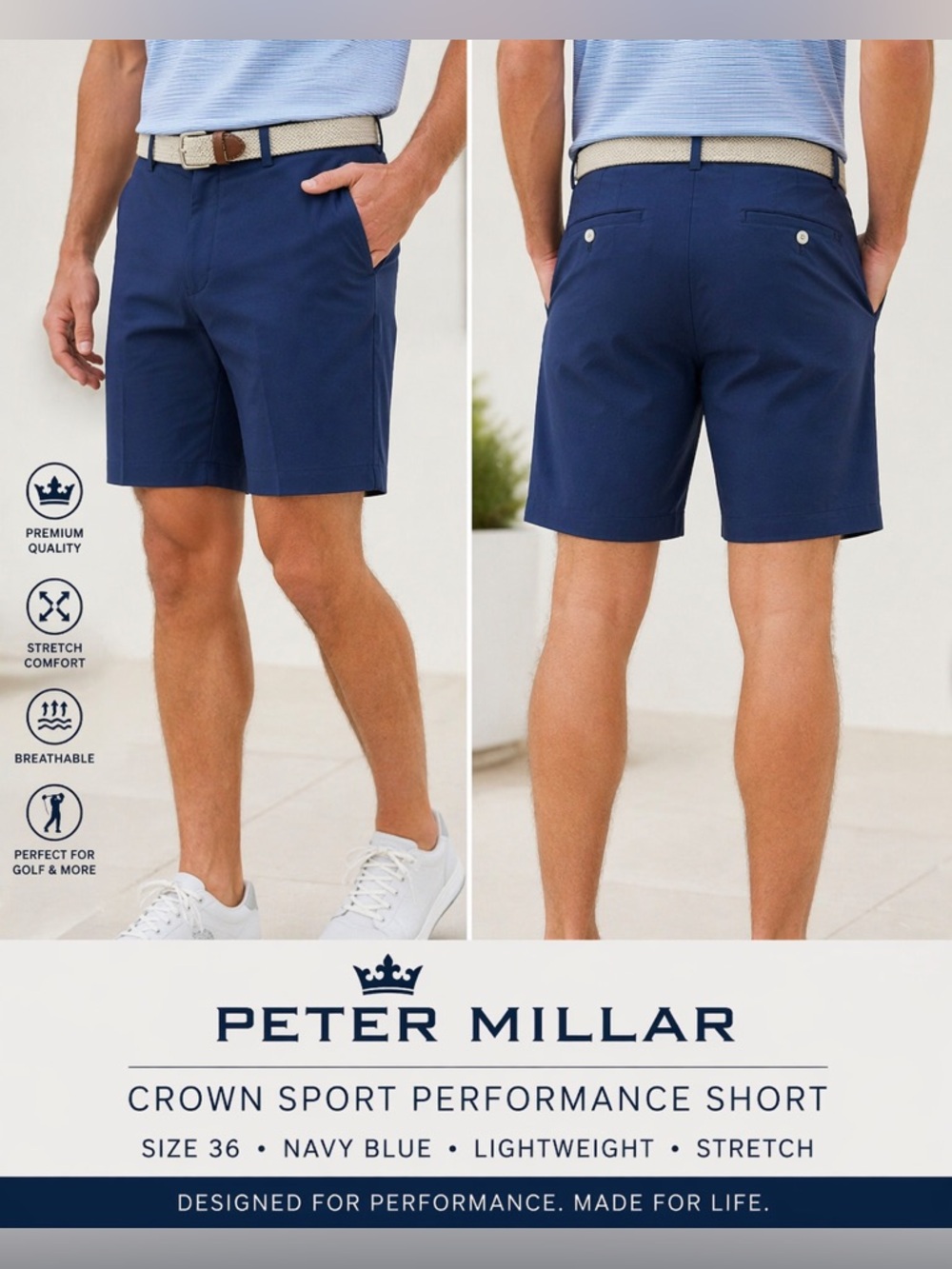 Peter Millar Crown Sport Mens 36 Blue Golf Shorts Performance Stretch Flat Front